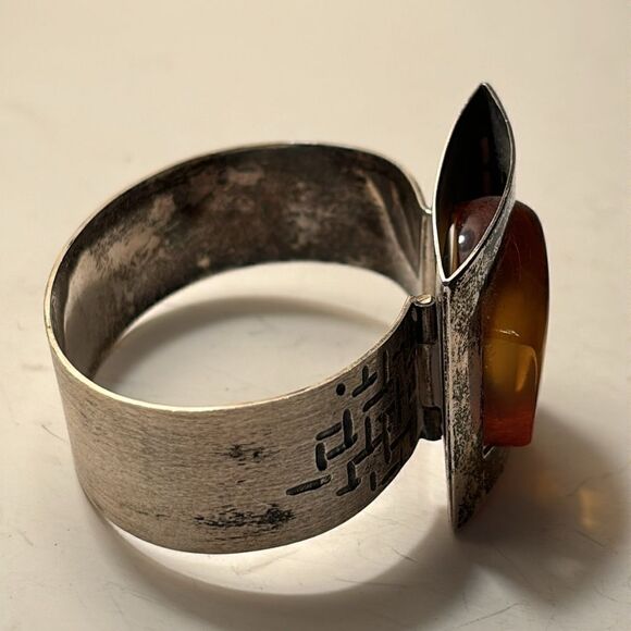 Sterling Silver and Baltic Amber Square Cuff Bracelet with Hinge Clasp - Picture 5 of 7